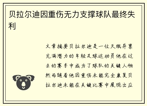贝拉尔迪因重伤无力支撑球队最终失利 贝拉尔迪因重伤无力支撑球队最终失利