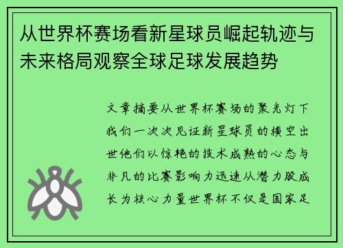 从世界杯赛场看新星球员崛起轨迹与未来格局观察全球足球发展趋势